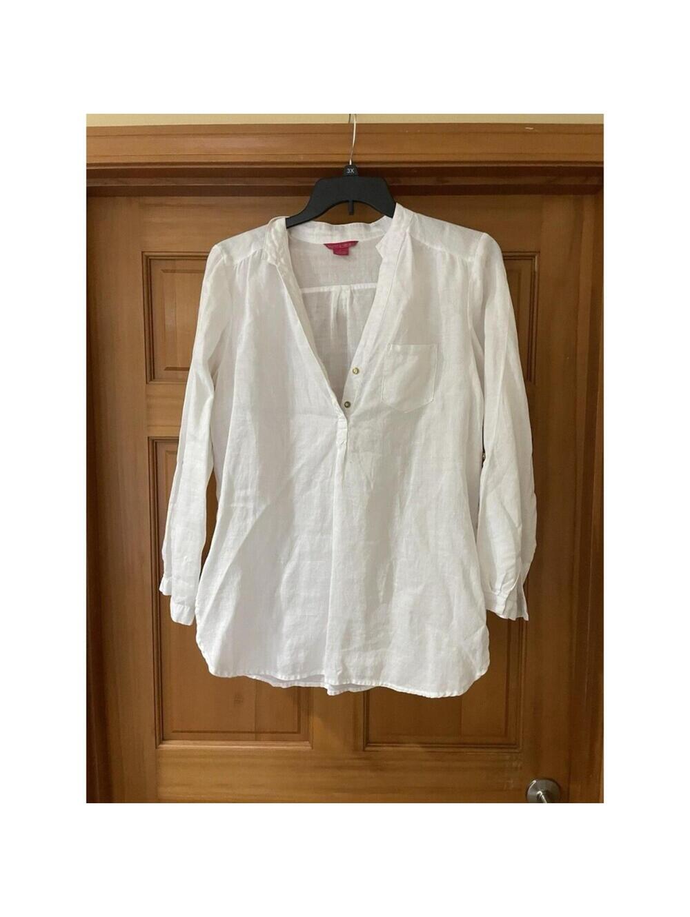 Sunny Leigh White Tunic Top Womans Size Large L Boho Peasant Blouse Long Sleeve